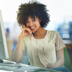Poster - Woman, happy and business office and portrait with computer, desktop and planning for online project. Employee, receptionist and professional administrator, email and company schedule for work
