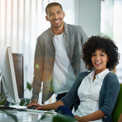 Leinwandbilder - People, portrait and computer with smile for teamwork or collaboration as web developers. Employee, support and happy with pride on skill, career and growth for website design and develop at pc