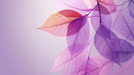 Wall Mural - Colorful transparent leaves in pastel style on a purple background with copy space. Leaf texture, leaf background with veins and cells.