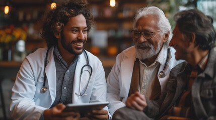 Poster - A doctor is sitting with two older people, one of whom is holding a tablet. The doctor is smiling and he is happy. Concept of warmth and connection between the doctor and his patients