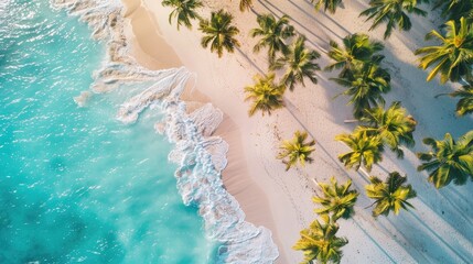 Wall Mural - Bird s eye view of stunning tropical coastline adorned with coconut palm trees and sandy shore