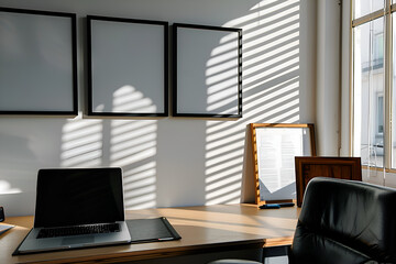 Wall Mural - A desk with a laptop, a chair, and a few framed pictures. The desk is in a room with a window that lets in sunlight. Generative AI