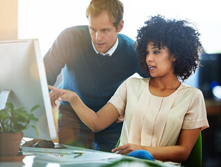 Poster - computer, manager and business woman in office with help for policy review question for legal case. 