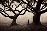 Fototapeta Koty - Silhouette of mystical trees in misty weather
