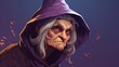 Cartoon old witch in a hat close-up on a purple background