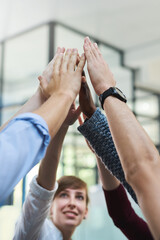 Poster - Office, business and hands high five in air for success or solidarity with strength, bonding and together for project. People, diversity and encouragement for support or synergy and community trust.