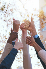 Poster - Outdoor, business and thumbs up with hands for success or good job or news, thank you and agreement for project. People, diversity and sign for approval or yes for partnership, reputation and trust.