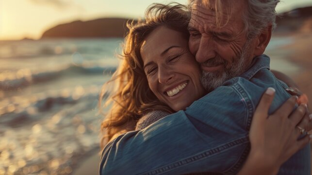 happy mature man being hugged by his wife at the beach, young couple having fun at the sea shore