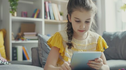 Girl Concentrating on Digital Tablet