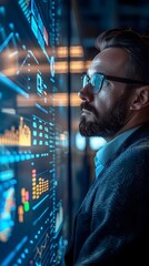 Poster - business analyst monitoring digital dashboard in command center for performance tracking and strateg