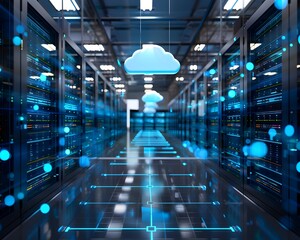 Poster - Vast Cloud Data Center with Serene Blue LED Server Racks in Secure Digital Infrastructure