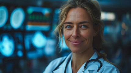 Poster - A woman in a white lab coat is smiling at the camera
