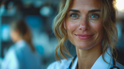 Poster - A woman with blonde hair and green eyes is smiling