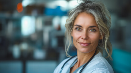 Poster - A woman in a white lab coat is smiling and posing for a picture