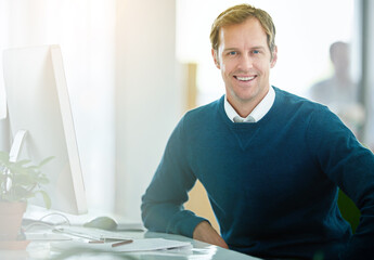 portrait, happy man or office for web design for company, software update or development in digital 