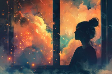 Woman gazing at stars through window, suitable for astronomy enthusiasts
