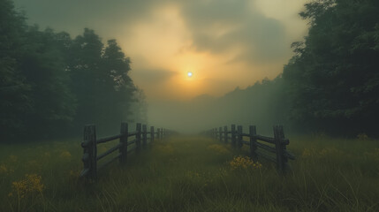 Wall Mural - A foggy, misty day in the woods with a sun setting in the background