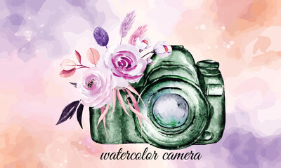 Wall Mural - watercolor camera. Perfect for photography logo. Watercolor illustration.