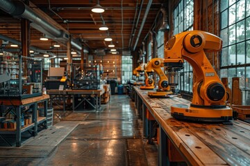 Poster - Industrial robots standing idle in a factory during a non-operational moment
