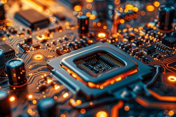 Poster - High-definition rendering of a high-tech microprocessor on a detailed circuit board
