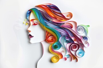 Close-up of a woman's face with vibrant, colorful hair. Suitable for beauty or fashion concepts