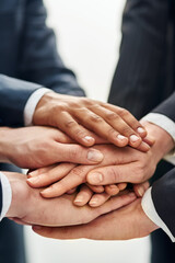 Aufkleber - Business people, hands and stack for solidarity in office, motivation and support for company win. Employees, pile and together for target or goals achievement, celebration and collaboration pride