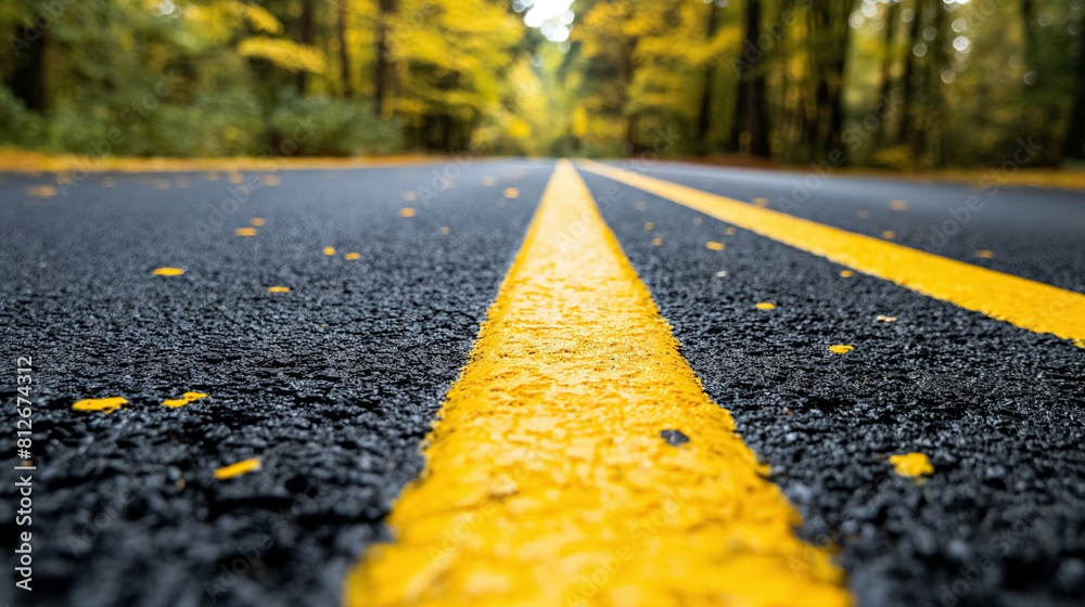 Yellow line on a black asphalt road with fallen autumn leaves ...