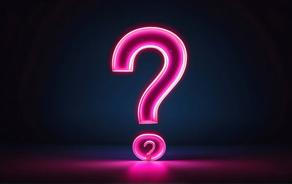 A neon pink question mark glows brightly against a black background.