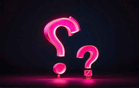 A neon pink question mark glows brightly against a black background.