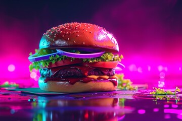 Sticker - Colorful neon lights illuminate a delicious stacked burger with fresh toppings