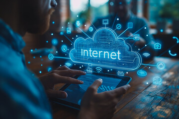 Poster - A man is holding a tablet with a blue cloud and the word Internet on it