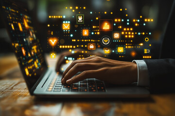Poster - A person is typing on a laptop with a screen that is filled with various icons