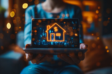 Poster - A person is holding a laptop that is displaying a house with a dollar sign on it
