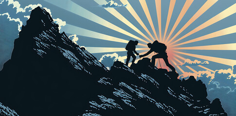 Wall Mural - Reaching New Heights Together: Illustration of a Silhouette of Man Helping Another Person Climb to the Top