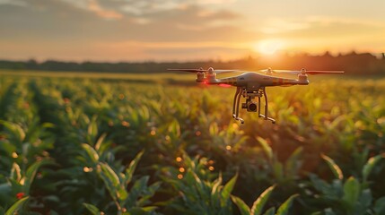 Poster - smart agricultural drones monitoring crop health in rural farm landscape at sunset
