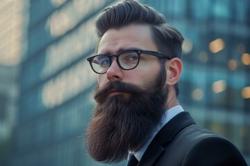 Poster - Portrait of a stylish professional man with a beard, wearing glasses, against modern building background