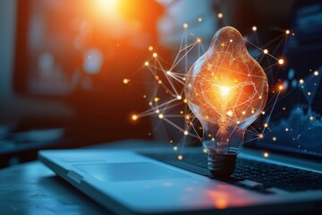 Poster - Glowing light bulb over a laptop represents idea generation and digital technology innovation