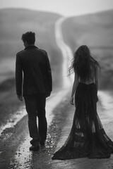 Wall Mural - A man and a woman are walking down a road in the rain