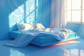 Wall Mural - A bed in a room with blue walls, suitable for interior design projects