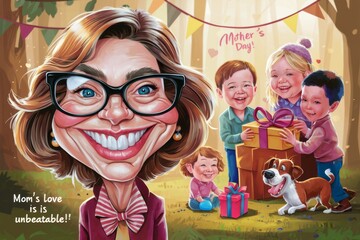 Wall Mural - A cartoon of a woman with glasses and children around her, AI