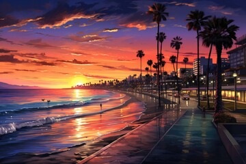 Wall Mural - Beach boulevard on sunset colorful comic book style artwork