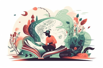 Wall Mural - An illustration depicting a person engrossed in reading a book