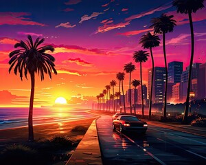 Wall Mural - Beach boulevard on sunset colorful comic book style artwork