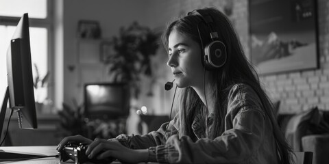 Poster - a woman sitting at a desk with headphones on. suitable for technology and work concept