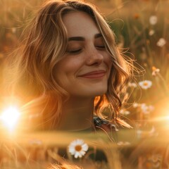 Wall Mural - A woman smiling in a field of colorful flowers, suitable for lifestyle and nature concepts