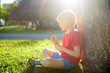 Happy preteen boy enthusiastically eating tasty ice cream in sunny summer park during school holidays.
