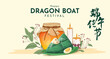 Translation: Happy Dragon Boat Festival. Zongzi Wrapped with Bamboo Leaves on Dragon Boat. Banner for Duanwu Festival