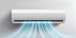 A modern, sleek air conditioner on the wall, with  cool blue air flow