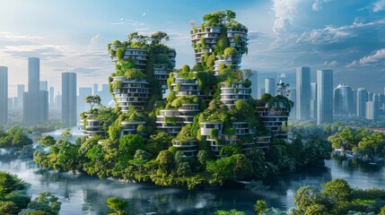 a futuristic city with green buildings and lush vegetation