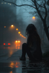 Poster - A woman sits on the sidewalk in the rain, looking sad